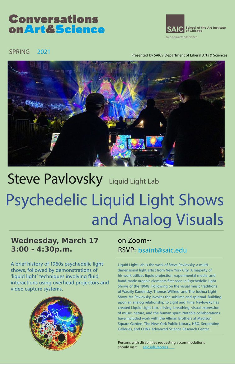 For the next Conversation on Art and Science <a href="/saic_news/">School of the Art Institute of Chicago</a> , we have invited Steve Pavlovsky from <a href="/LiquidLightLab/">Liquid Light Lab</a>! An history of liquid light shows and live demos in the program!
This Wednesday, March 17th at 3pm CT (Chicago)!