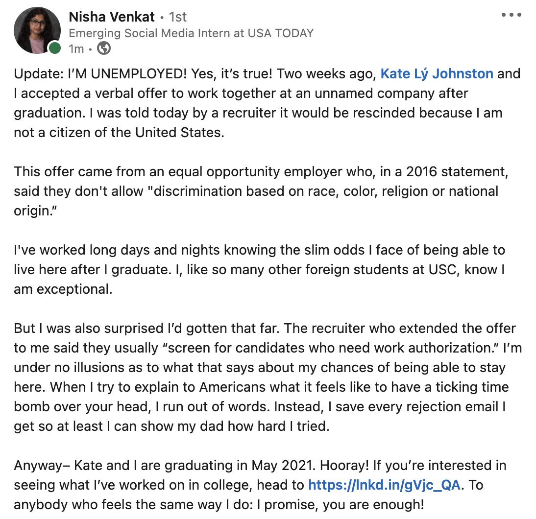 simplykately's tweet image. MAJOR UPDATE: Please read this post by my best friend @bishabenkat. I’ve decided I will not work for a company that upholds racist, xenophobic structures, especially in an industry that claims to push so hard for diversity and equal opportunity. We have to fight for each other.