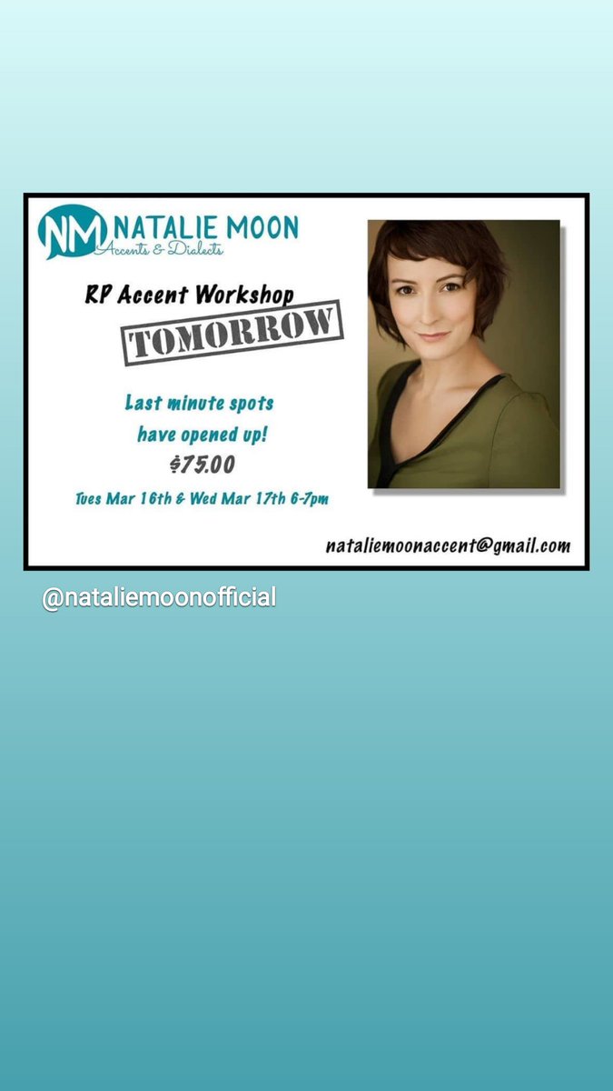 Natalie Moon Coaching (@_studiomoon_) on Twitter photo RP workshop tomorrow is sold out, email or DM for wait-list and to know the date of the next one! 🏴
#accentcoach #accentworkshop #britishaccent #dialectcoach RP workshop tomorrow is sold out, email or DM for wait-list and to know the date of the next one! 🏴
#accentcoach #accentworkshop #britishaccent #dialectcoach