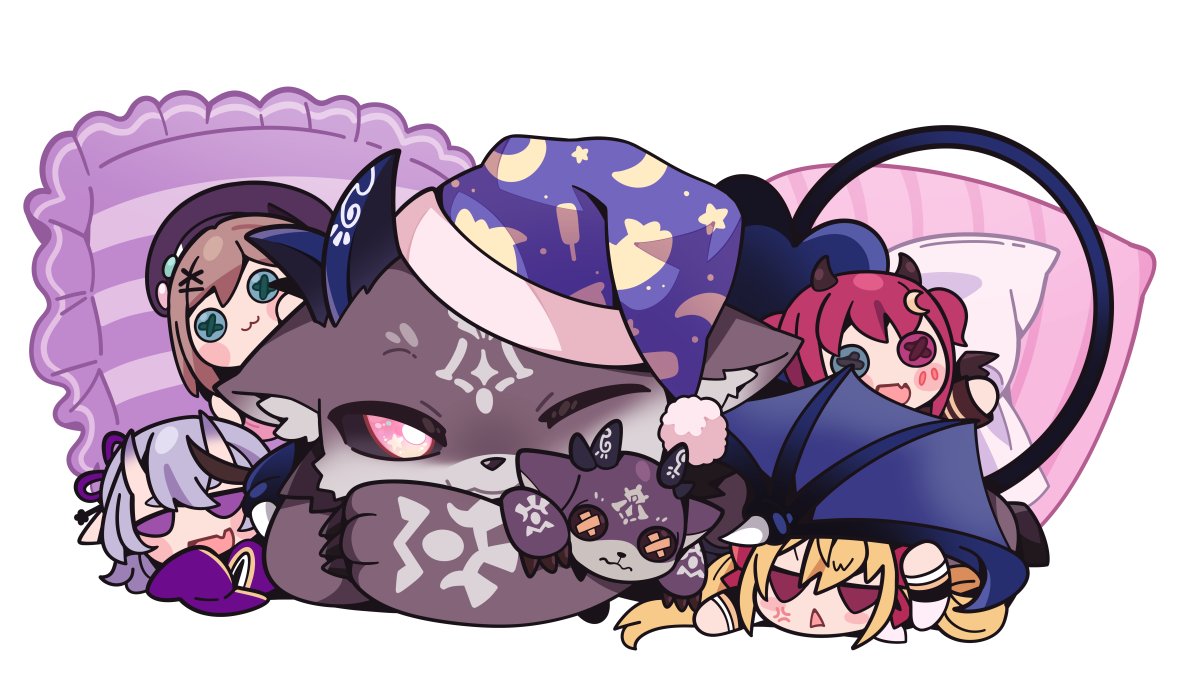 takamiya rion horns hat pillow blonde hair purple eyes multiple girls open mouth  illustration images