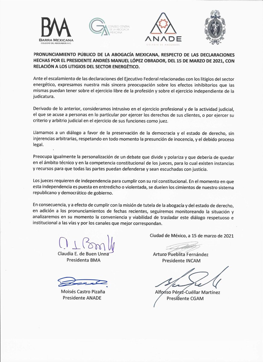 ConsAbogaciaMEX's tweet photo. Los jueces requieren de independencia para cumplir con su rol constitucional. 

Pronunciamiento público de los Colegios de Abogados que integran el Consejo General de la Abogacía Mexicana.
@ANADEcolegio 
@BMA_Abogados 
@INCAM_Abogados 

#IndependenciaJudicial https://t.co/nqolungitr