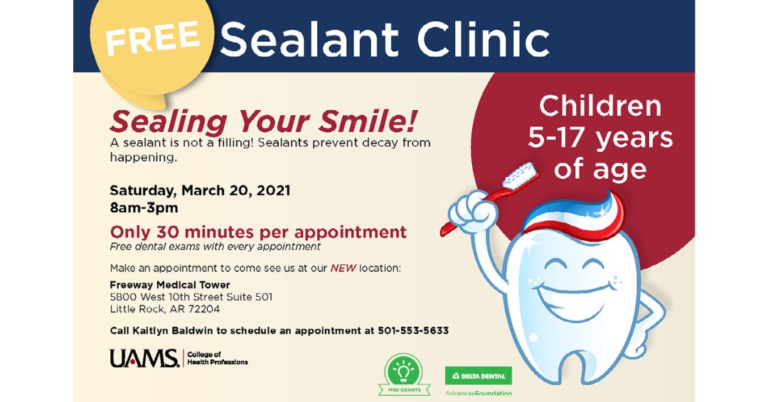 DeltaDentalAR's tweet photo. Free dental exams and sealants for children and youth, plus a chance to win $25, this Saturday! The clinic is made possible, in part, by a mini-grant from the #DeltaDentalARFoundation, and volunteer assistance from our Smiles outreach staff. #FocusOnCommunity @UAMSHhealth https://t.co/Uxm5GkLKrJ