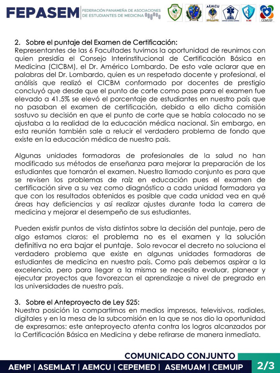 AEMP_UP's tweet photo. Las Asociaciones Estudiantiles de las 6 Facultades de Medicina de la República de Panamá traen a ustedes los puntos claves a aclarar sobre aquellos comentarios que han surgido referente al Examen de Certificación Básica de Medicina. https://t.co/0YedQMcVoL