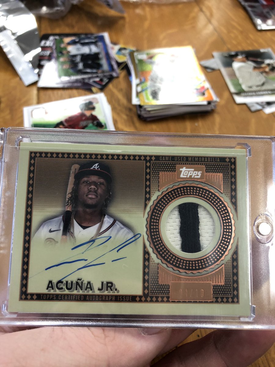 kerniebaker's tweet photo. @DaddyDimmuTv Topps 2021 series 1 Acuña patch auto 4/10 https://t.co/sgcLH7XUbX