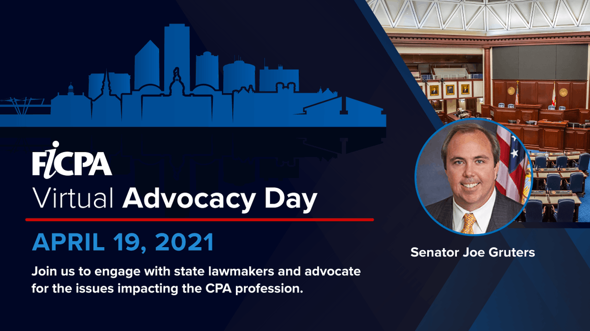 Join us for our #Virtual #Advocacy Day on April 19, when we'll be joined by Sen. Joe Gruters! We're offering an afternoon of #political #education, giving you the chance to #interact with #Florida #lawmakers. #Register now: bit.ly/2OxSDmE #FICPAdvocacy #CPAsCount