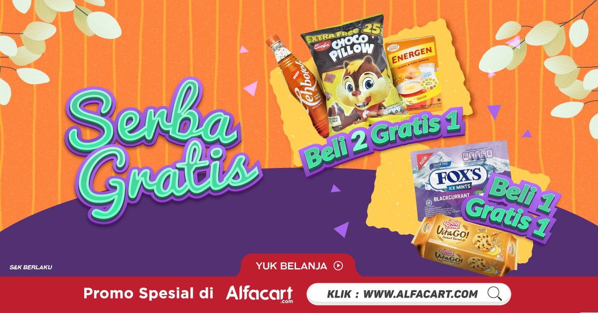 Alcartian! Paling enak emang belanja yang dapet gratisan! Nah di promo SERBA GRATIS ini ada beragam produk pilihan dengan promo beli 2 gratis 1 &amp; beli 1 gratis 1!

Semakin mudah belanja kebutuhanmu #DariRumahAja pakai aplikasi Alfacart! Nikmati promonya > alfa.id/serbagratistw