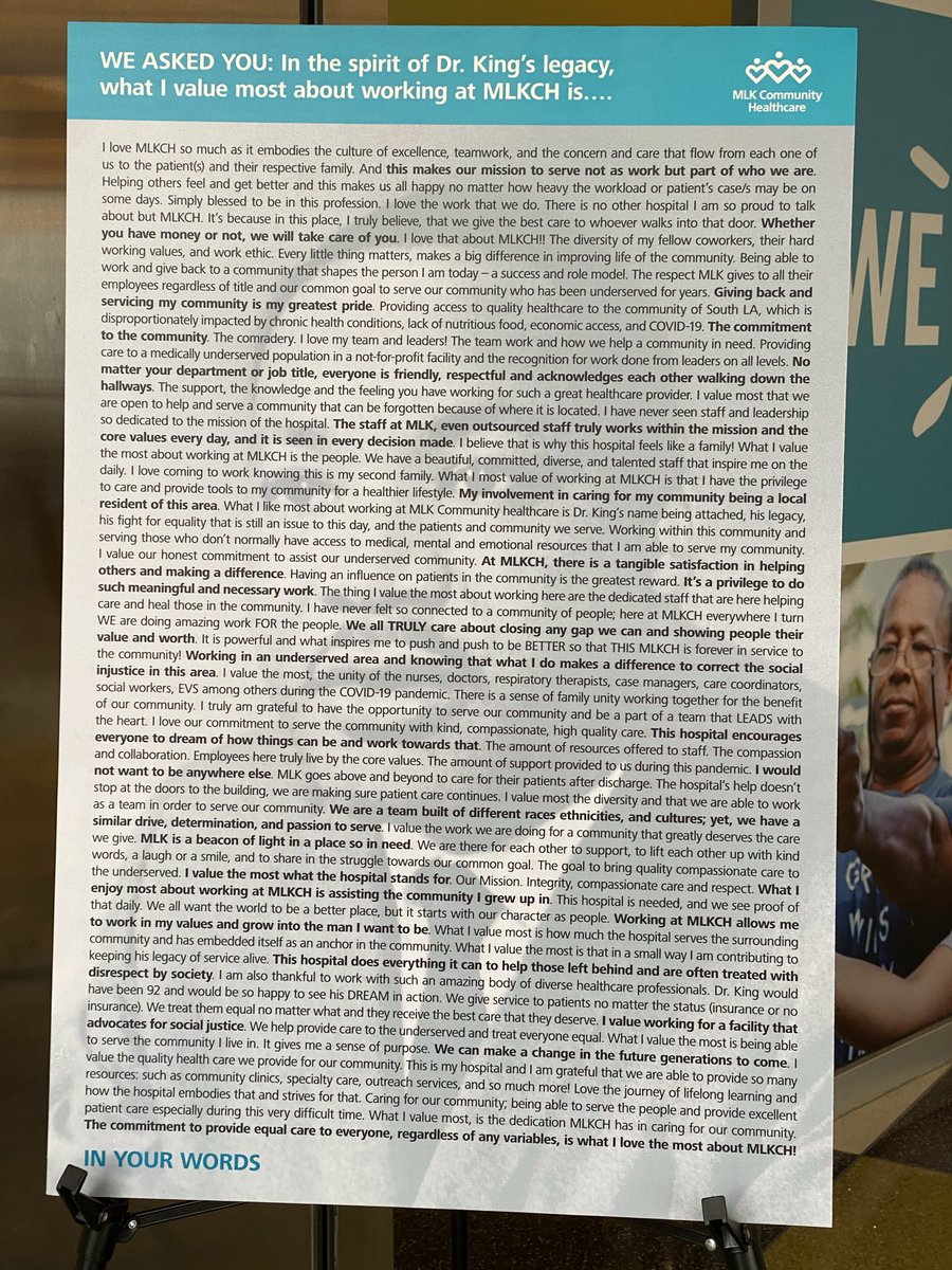 RadiologyUcla's tweet photo. When Dreamers Dream: “What I value most about working at #MLKCH is:”
This poster in the lobby of #MLKCH is a testament to the employee’s of Martin Luther King Jr. Community Hospital. Everyday the physicians and staff of #MLKCH make dreams happen! #UCLARadiology #radres https://t.co/L3EQL5XWrb
