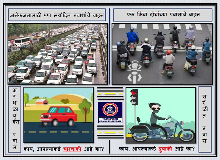 ThaneCityPolice's tweet photo. काय, आपण एक किंवा दोघांचा जवळचा प्रवास करण्यासाठी ४ चाकी वापरता? होना! अस न करता आपण सर्वांनी मिळून जर एक निश्चय केला कि जवळचा प्रवास १ किंवा २ जणांचा असेल तर कार/चारचाकी न वापरता दुचाकी वापरूया मग पहा ट्राफिक कंट्रोल कस नाही होणार. #LimitedVehicleForLimitedPeople #ControlTraffic https://t.co/obSy5enOKn