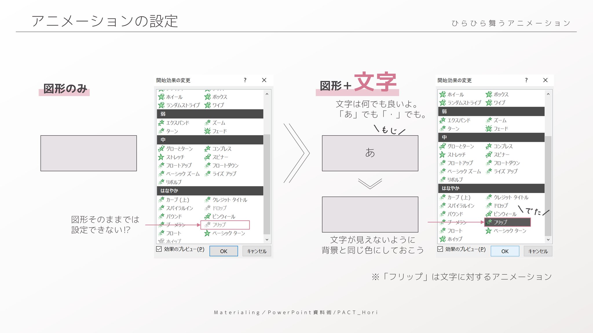 ホリ パワポ師 資料術 パワポでひらひら舞うアニメーション 設定は 開始 フリップ ただ これは文字に対する アニメーションなんです 図形だけでは設定できません なので 見えない文字をいれてむりやり図形に適応させています さあ ホリ パワポ師 資料術 パワポでひらひら舞うアニメーション 設定は 開始 フリップ ただ これは文字に対する アニメーションなんです 図形だけでは設定できません なので 見えない文字をいれてむりやり図形に適応させています さあ