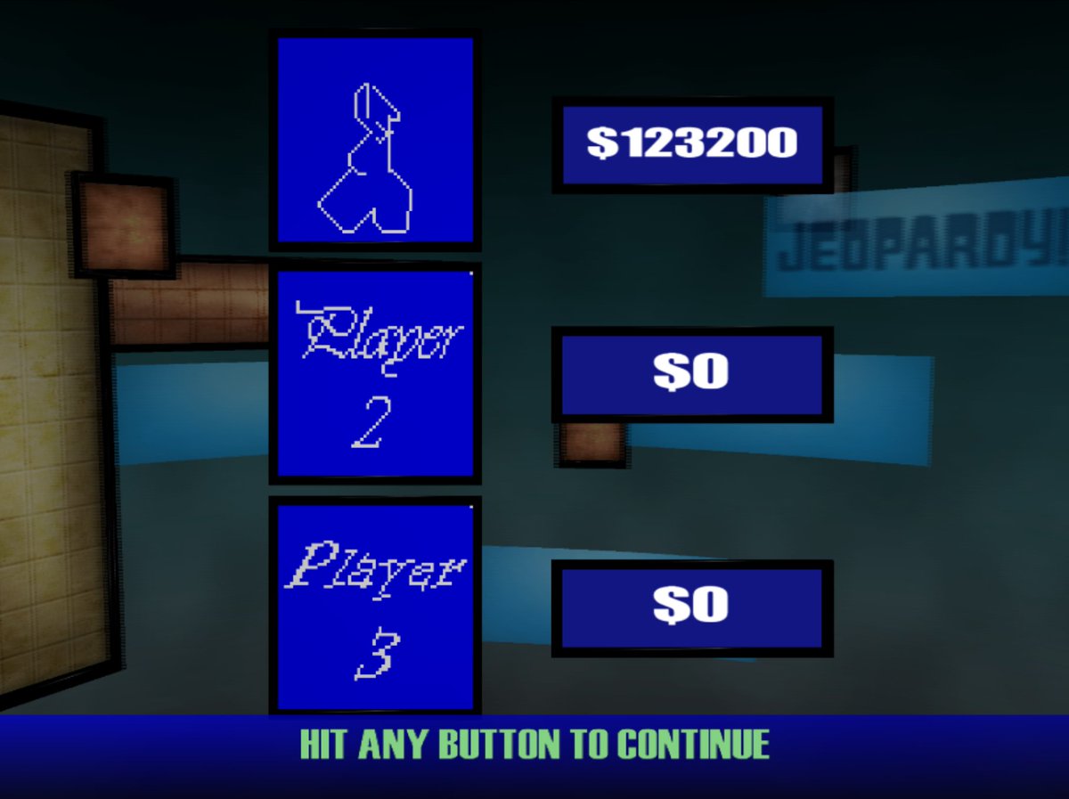 54) Jeopardy! (2003, game)i would like to thank my friends and google for this absolutely massive landslide victory, this was a very fair competition and i would like to tell my teammates to suck my dick for losing. lmao nerds10/10