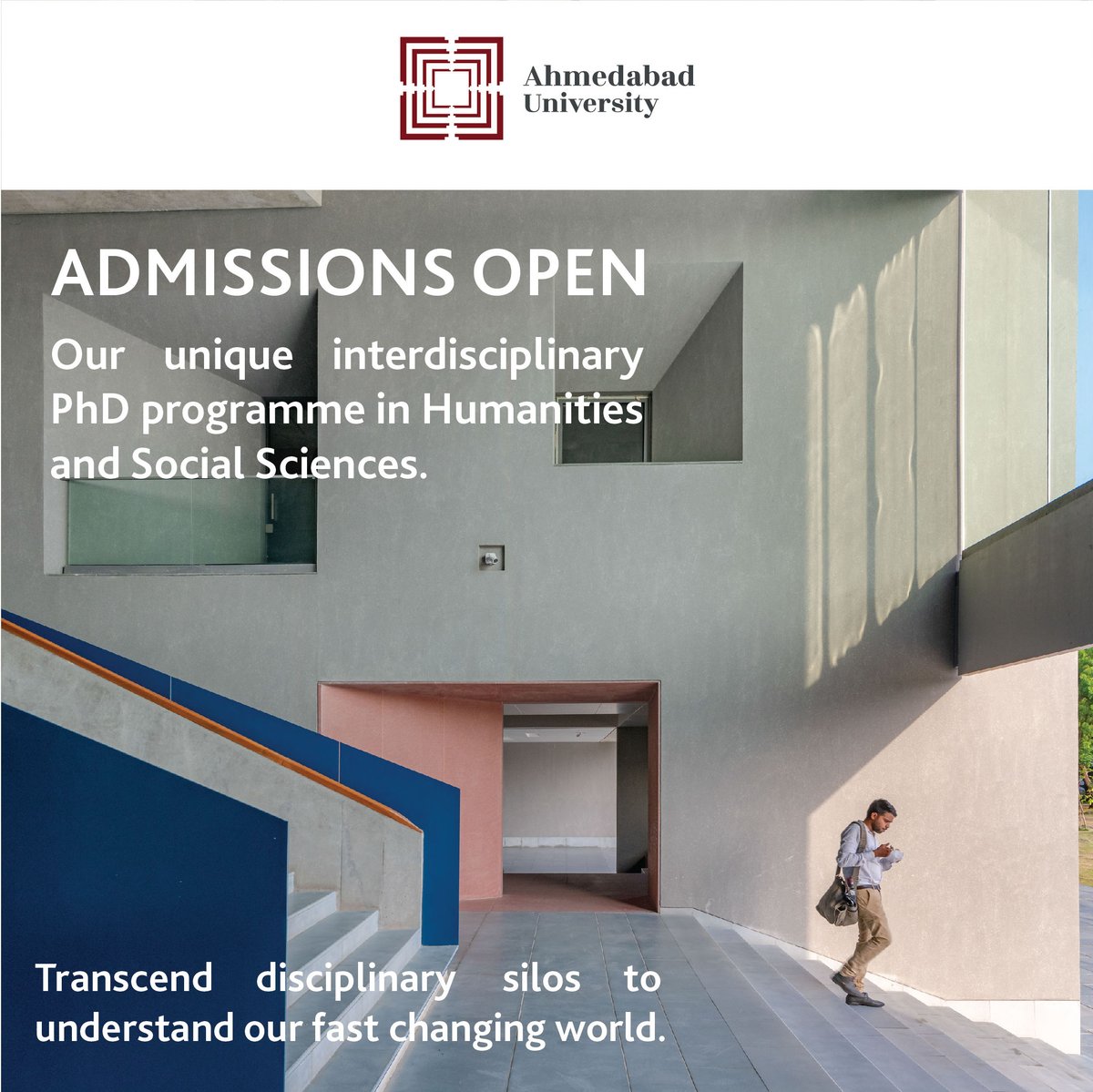 ahmedabad's tweet photo. Explore our newly launched interdisciplinary PhD programme in the Humanities & Social Sciences at the School of Arts & Sciences at Ahmedabad University. For more details visit: https://t.co/5I3XRUGupj #AhmedabadUniversity #InterdisciplinaryPhd #PhDprogramme #Phd https://t.co/MZNagXBUue