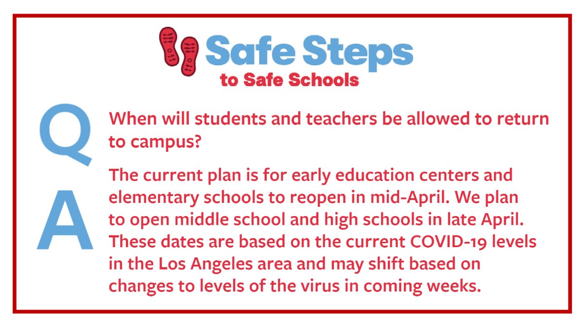 As we plan to reopen Los Angeles Unified campuses, detailed information on the safety protocols at schools and instructional models can be found in the Return to Campus Family Guide.
reopening.lausd.net/familyguide 
reopening.lausd.net/familyguide_spa