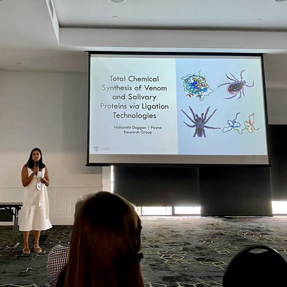 PayneResearch's tweet photo. Congratulations @nishaduggan for what was by all’s counts an amazing talk at 7th #VenomstoDrugs conference on the chemical synthesis of a range of native venom and salivary peptides and proteins
@Sydney_Science @SydneyChemistry @ARC_CIPPS #cipps https://t.co/Jq5ymSg9eI