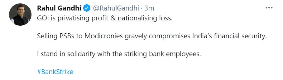 ndtv's tweet photo. "I stand in solidarity with the striking bank employees," tweets Congress leader Rahul Gandhi in support of the two-day nationwide #BankStrike https://t.co/RNpEFrCltz