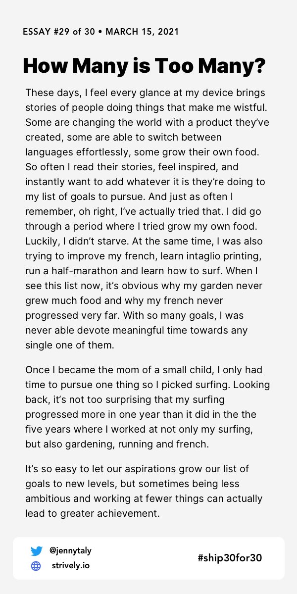 jennytaly's tweet photo. Essay 29 of #ship30for30

Sometimes being less ambitious can actually lead to greater achievement. https://t.co/fgojcE4aid