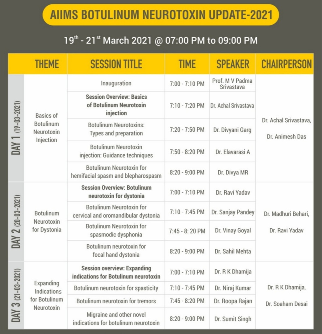 Roopa Rajan (@rajan_roopa) on Twitter photo Happy to announce AIIMS Botulinum Neurotoxin Update 2021! Do join in for exciting sessions on basic techniques and recent advances in BoNT in neurological practice.
Save the date: 19-21 Mar, 7-9 PM
<a href="/AiimsNeurology/">AIIMS_Neurology</a> <a href="/achalaiims/">Achal Srivastava</a> <a href="/arun_ela/">Elavarasi A🇮🇳</a> <a href="/mdsieditor/">Movement Disorders India</a> Happy to announce AIIMS Botulinum Neurotoxin Update 2021! Do join in for exciting sessions on basic techniques and recent advances in BoNT in neurological practice.
Save the date: 19-21 Mar, 7-9 PM
<a href="/AiimsNeurology/">AIIMS_Neurology</a> <a href="/achalaiims/">Achal Srivastava</a> <a href="/arun_ela/">Elavarasi A🇮🇳</a> <a href="/mdsieditor/">Movement Disorders India</a>