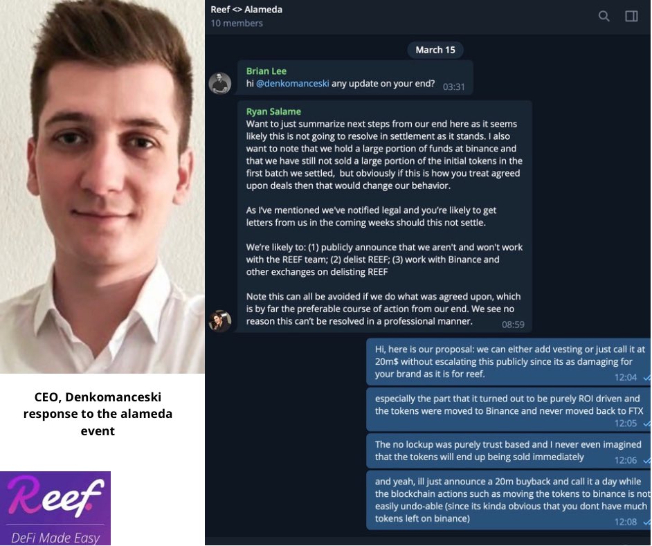 JOkandeji's tweet photo. @ReefDeFi CEO, @denkomancheski 🗣response 🤫 to the @AlamedaTrabucco event.
 ‘’I cant believe you removed the threats and other comments we made. You guys are as shady as it gets’’.  #BoycottFTX https://t.co/ZQEM2wgTI1