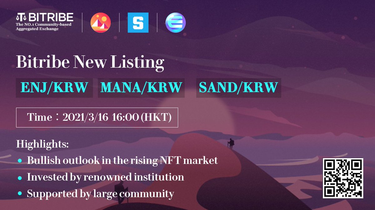 New Trading pair added : 
🔹$ENJ /KRW  
🔹$MANA /KRW and
🔹$SAND /KRW

#Bitribe will open Enjin Coin, Decentraland (MANA) and Sandbox to the KRW Trading pair

Trade - 2021.03.16 16:00 (HKT)

Assets have a bullish outlook in the rising NFT marketplace

Happy trading ~ 

<a href="/Sky201805/">Akasha(Inter/acc)</a>