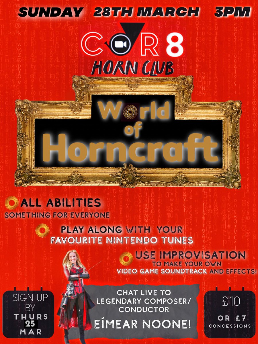 Cor8horns's tweet photo. 2 weeks left to sign up for Cor8 World of Horncraft!! Join us to play your favourite Nintendo tunes, create your own video game sound world AND chat to the legendary Eímear Noone! Don’t miss it! 📯🕹 https://t.co/SAIzB1r0JZ https://t.co/JtgXhGzupb