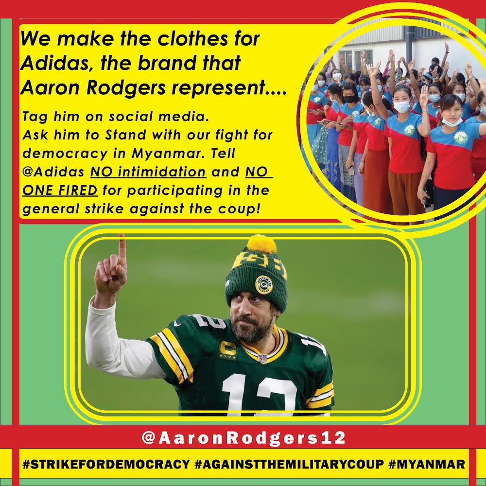 Hutch_cj's tweet photo. Hey @Adidas @adidasoriginals sponsored stars! Take a minute to let @Adidas know you support the workers in #Myanmar that make your apparel and their fight for democracy against a vicious military coup! #HearTheVoiceOfMyammar #MyanmarMilitaryTerrorists #StrikeForDemocracy https://t.co/E5yVCdqt2G