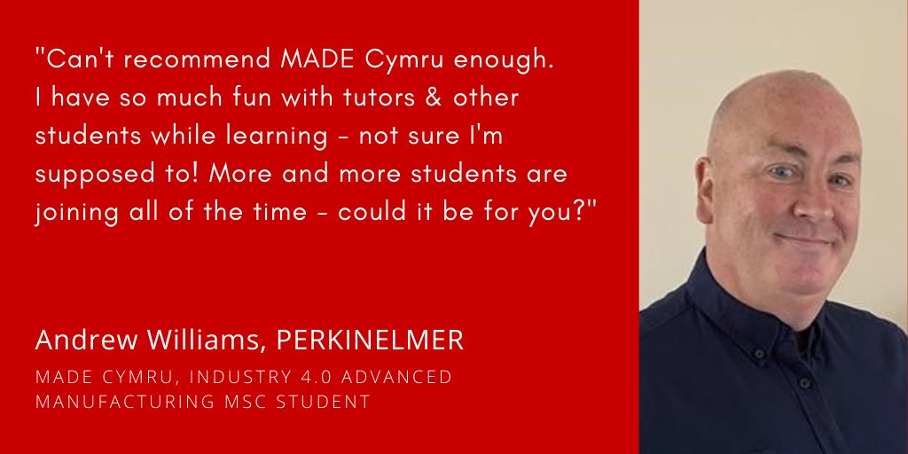 MADECymru's tweet photo. Great quote from Andrew Williams @PerkinElmer who is one of our students on the @UWTSD #industry40 #advancedmanufacturing MSc
Our next cohort of students start in June - short & long courses - online & flexible
Visit https://t.co/Q7ZLqgbEH9
#EUfundscymru #welshmfg #ukmfg https://t.co/gdoUU4vAMO