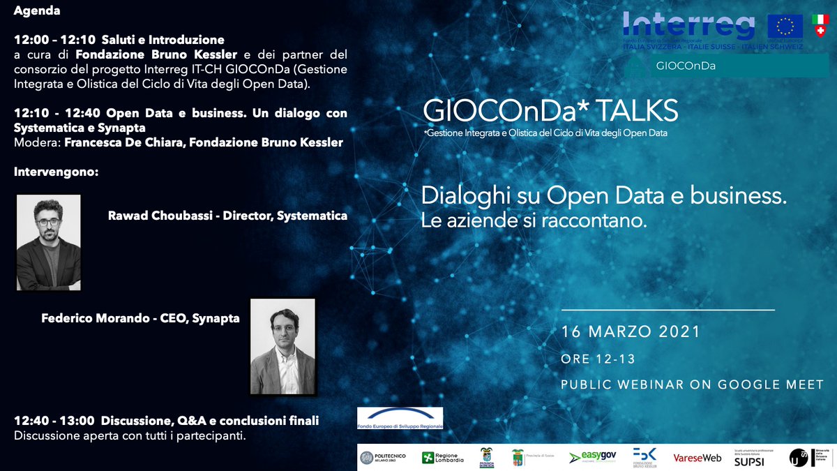 OGGI ore 12-13 Dialogiamo su #OpenData e Business con Rawad Choubassi di <a href="/systematica/">systematica</a> e <a href="/federicomorando/">Federico Morando</a> di <a href="/synapta/">Synapta</a>. Interoperabilità, qualità, sostenibilità dei dati aperti e illustreremo casi d'uso Hai ancora tempo x registrarti: forms.gle/vBRjML6aA7Zj85… Info: eventi@fbk.eu