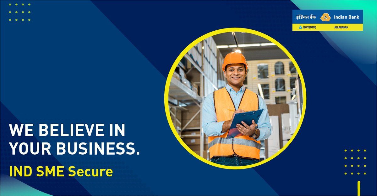 MyIndianBank's tweet photo. We trust your caliber to take your business to the next level. Hence, we bring to you IND SME Secure wherein working capital and term loans for existing &amp; new MSMEs for a minimum of Rs. 10 lakhs and above can be availed. Know more: https://t.co/zEwdYNoYwz

#IndianBank #IBWithYou https://t.co/maA1Qw6vKm