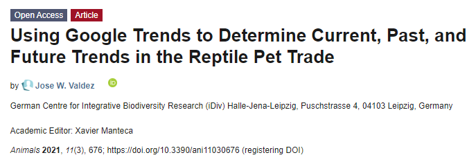 Animals_MDPI's tweet photo. Check out the new #Openaccess #PeerReview article that examines the most popular reptiles in the pet trade and the potential value of Google Trends as a research tool in @Animals_MDPI by Dr. Jose W. Valdez @JoseValdezPhD https://t.co/GXOcnD5O8w