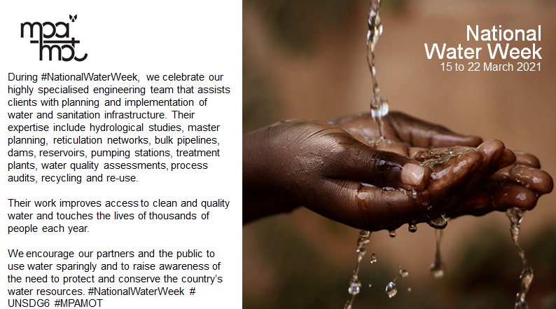 mpamot's tweet photo. During #NationalWaterWeek, we celebrate our highly specialised engineering team that assists clients with planning and implementation of water and sanitation infrastructure. #Water #MPAMOT #Engineering https://t.co/axEEZ3DT3t