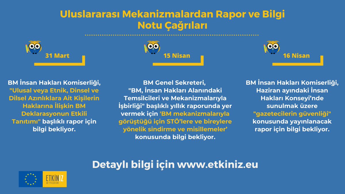 etkinizab's tweet photo. Farklı hak alanlarında BM özel raportörleri vb. uluslararası mekanizmalara bilgi notu ya da rapor iletmek üzere yapılan çağrıları derlemeye devam ediyoruz.
Güncel çağrılara ulaşmak ve  #Etkiniz destekleri hakında bilgi almak için⬇️
https://t.co/KWqzLCBDyQ https://t.co/plq2zB53XJ