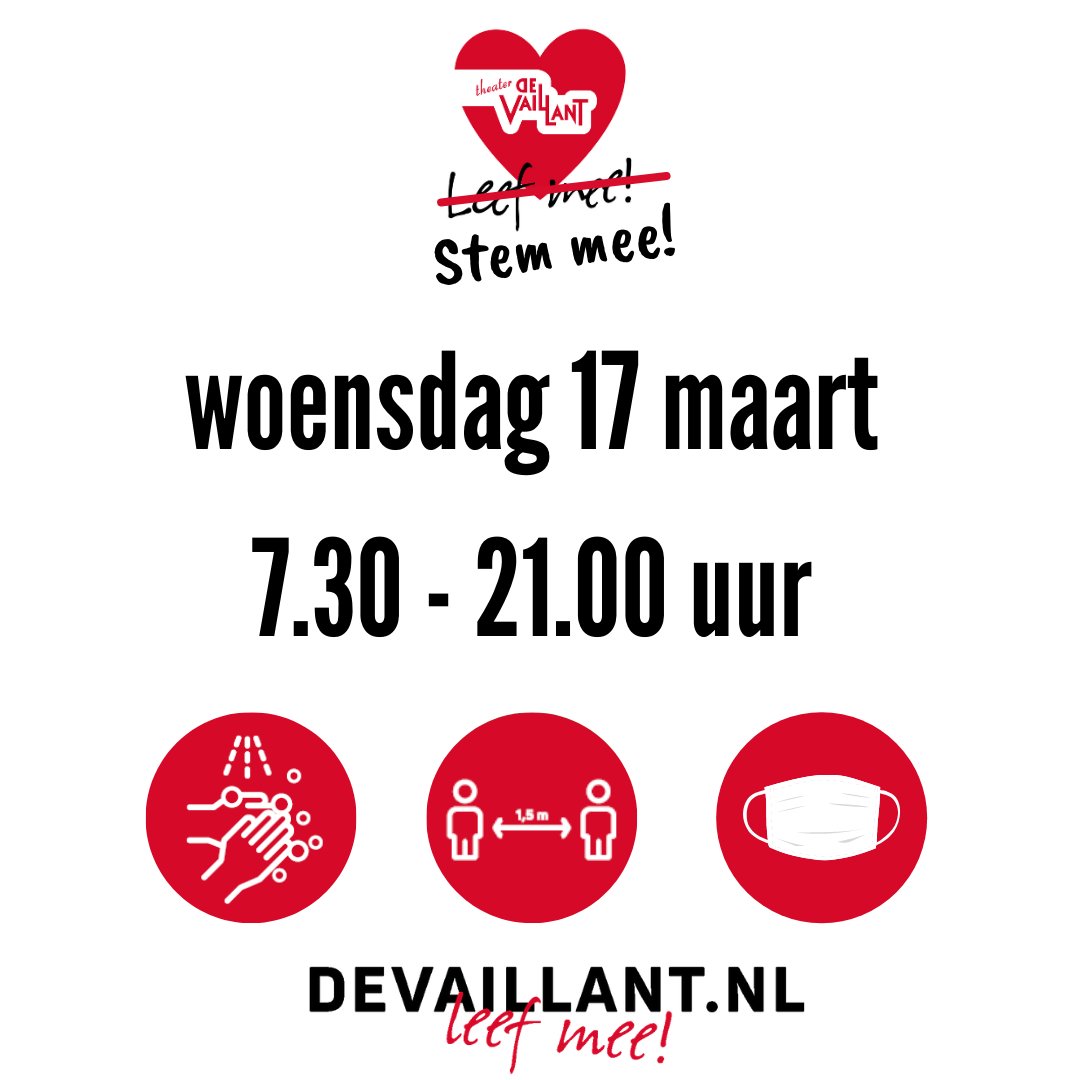devaillant's tweet image. Morgen kun je jouw stem uitbrengen in De Vaillant. Vanaf 7.30 uur tot en met 21.00 uur is het stembureau open.
Draag een mondkapje bij je bezoek!
#Verkiezingen2021 #Leefmee #Stemmee #Schilderswijk