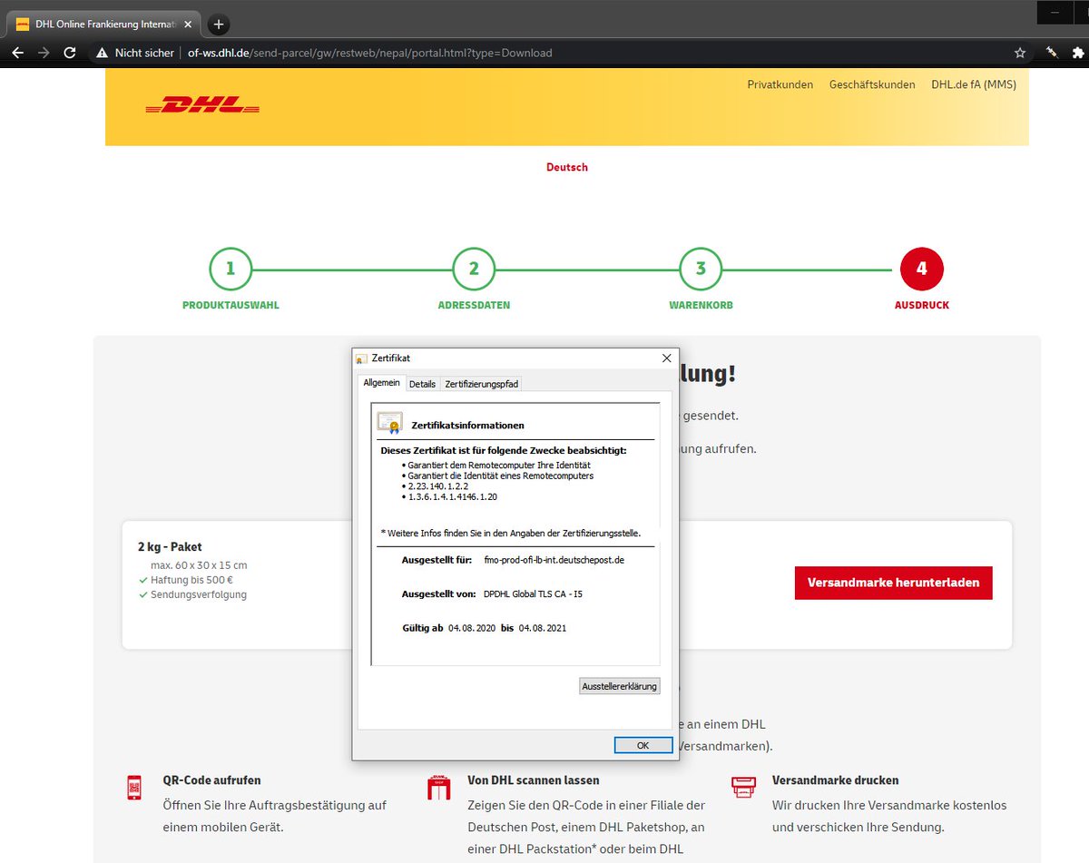 Kondor_Fate's tweet photo. Einmal mit Profis... Erst (mal wieder..) ~24 Std. nicht nutzbar und dann unfähig ein SSL-Zertifikat korrekt zu platzieren? Ein weltweit operierendes Multi-Milliarden-Schweres Unternehmen. 🤭
#dhl #efiliale #deutschepost #post #ssl #desaster #profis https://t.co/apIqgzEf3a