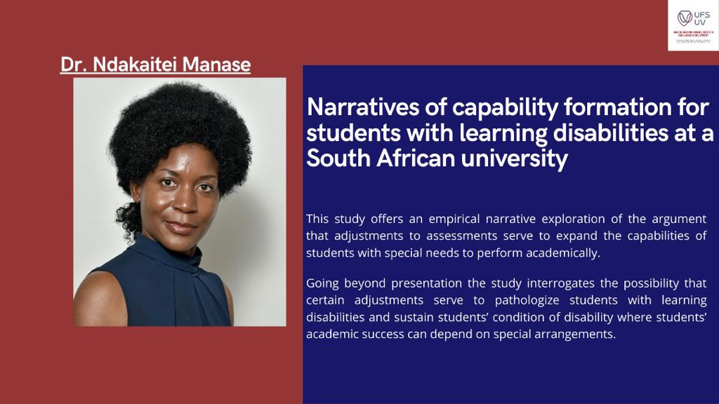 HEHD_SA's tweet photo. Today we introduce to you Dr Ndakatei Manase (@Ndakas1) and her narrative inquiry involving students of @UFSweb with learning disabilities.
#graduatingClassof2021 https://t.co/meI9RUcZQx