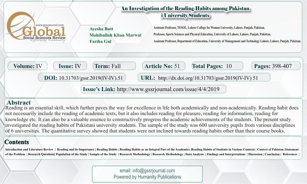 GSSRjournal's tweet photo. Research Article Title:
An Investigation of the Reading Habits among Pakistani University Students

DOI Link:
https://t.co/S1VLtb4gO1

Visit Our Journal:
https://t.co/enwz1LvQCi
Visit Our Publishing House:
https://t.co/k77DAEANrC https://t.co/coLu8Uy8tQ