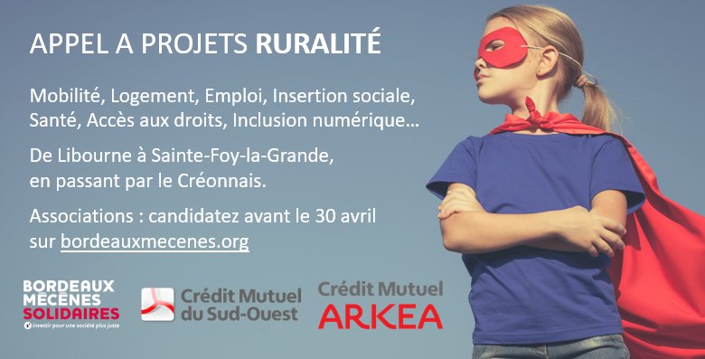 Bordeaux Mécènes Solidaires et le Crédit Mutuel du Sud-Ouest lancent ensemble un Appel à Projets à destination des territoires ruraux girondins
L’objectif: lutter contre les précarités en soutenant nos associations locales
@BordeauxMecenes <a href="/CMSudOuest/">CMSudOuest</a> <a href="/SolidaritesCMSO/">SolidaritesCmso</a>
#solidarite