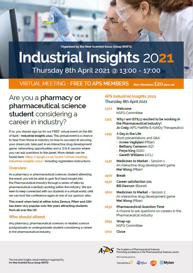 APS_PharmSci's tweet photo. Are you a considering a career in the Pharmaceutical Industry? If yes please consider attending this event on the 8th April that is free to APS members. This event will showcase a range of careers and there are opportunities to learn more about roles that are available @BPSA https://t.co/H6TbZRrmU5