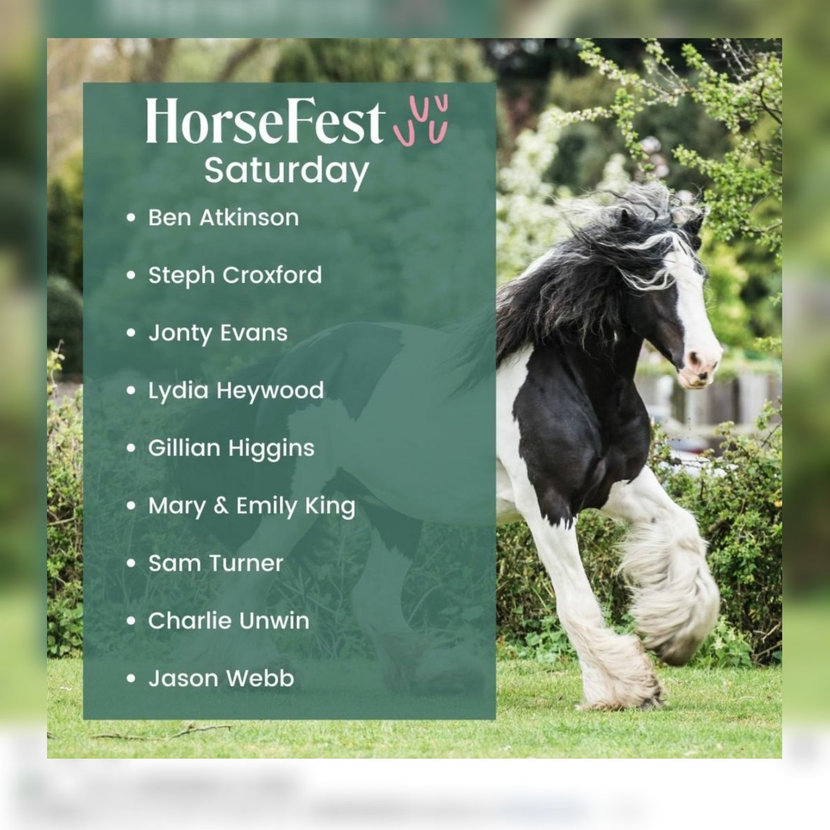 Amazing headliners for the <a href="/HorseFest/">HorseFest</a> weekend, here is Saturdays line up <a href="/JontyEventing/">Jonty Evans</a> <a href="/HorsesInsideOut/">Horses Inside Out</a>
Book yourself a summer festival weekend with horses and get 15% off when you join Horsetribe!