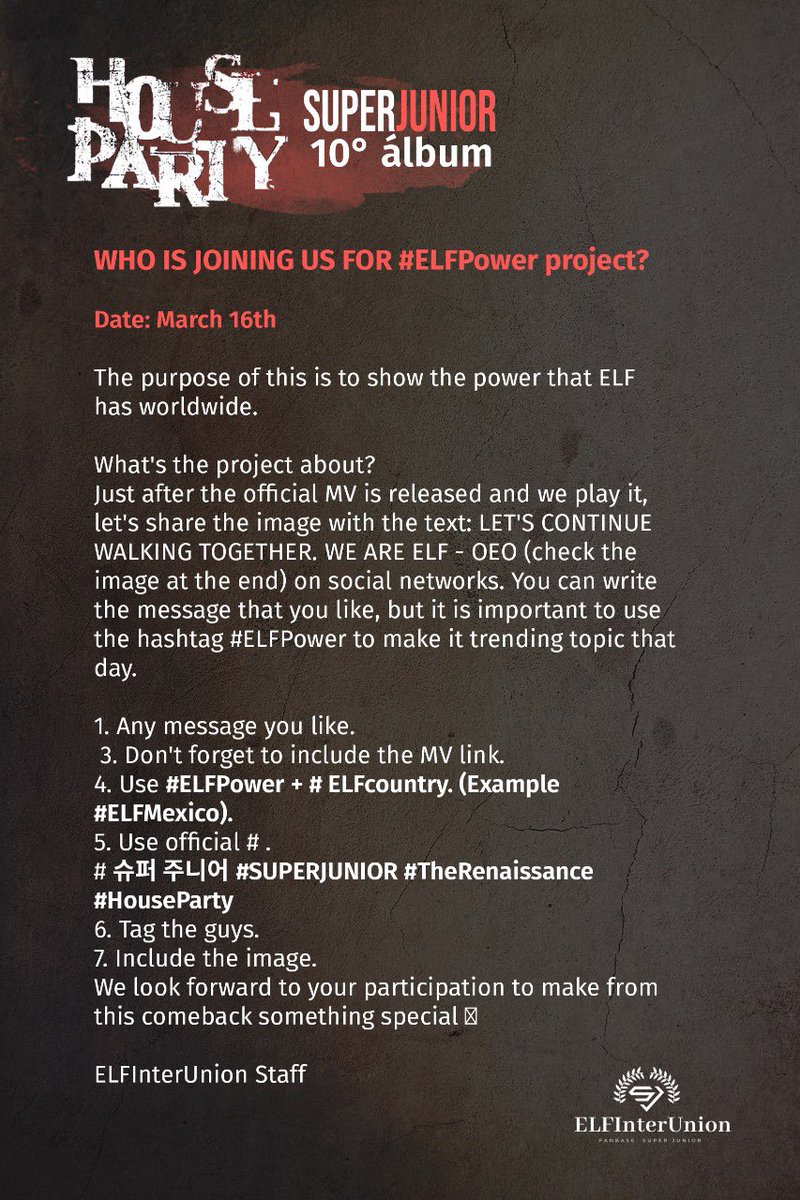 USAELFCENTRAL's tweet photo. Following the #SUPERJUNIOR_HouseParty MV Release @ 6pm KST -make a Tweet following the instructions below& use the second image to show our #SUPERJUNIOR @SJofficial that we are always behind them
#ELFPower #ELFUSA
A message of support& everlasting ๐
See you at the #HouseParty https://t.co/uzGNEmZCtp