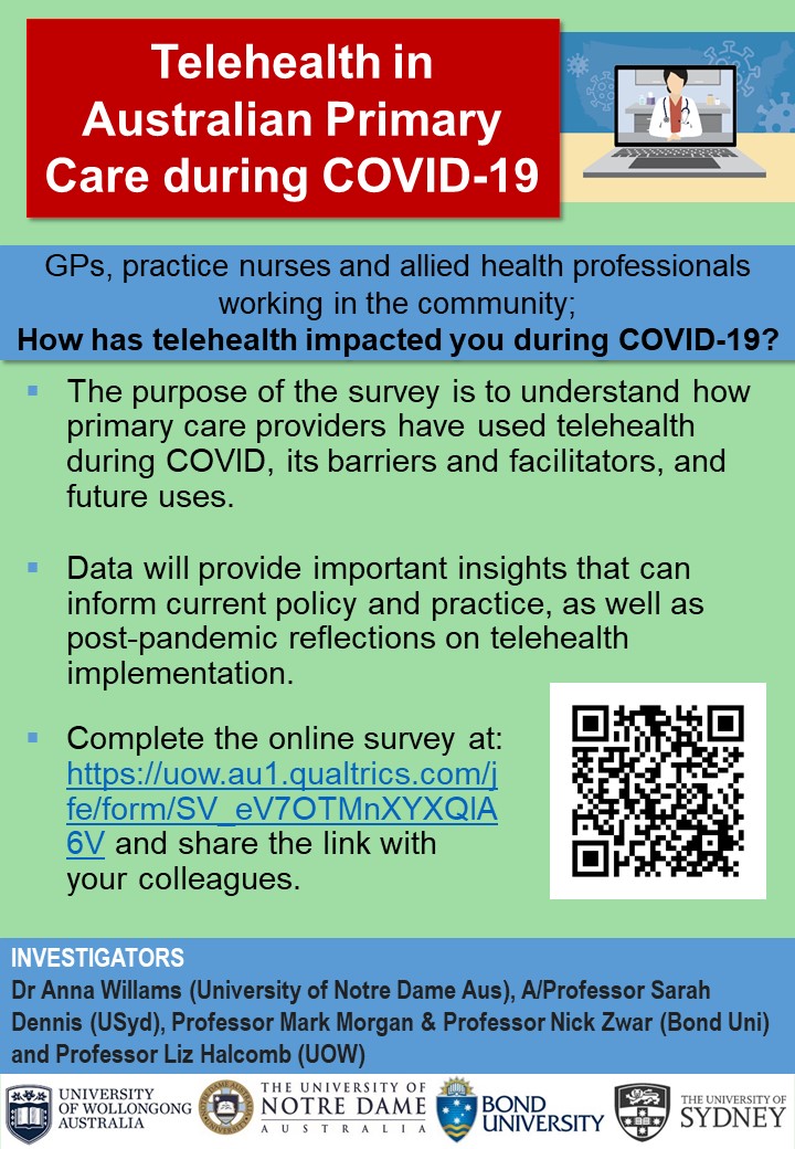 LAST CHANCE! GPs, nurses and allied health, what are your experiences using telehealth in Australian primary care during COVID? Help us tell your story! Complete the survey here: uow.au1.qualtrics.com/jfe/form/SV_eV… 
<a href="/AAAPC_ANZ/">AAAPC</a> <a href="/APNAnurses/">APNA</a> <a href="/comms_ahpa/">Allied Health Professions Australia</a> <a href="/RACGP/">RACGP</a>