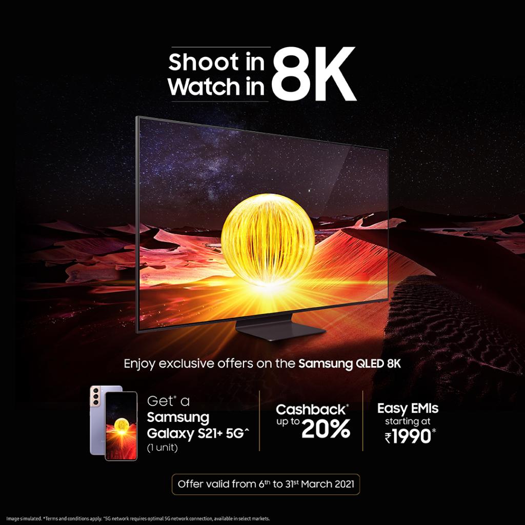 SamsungIndia's tweet image. Capture your epic moments with the Galaxy S21+ and watch them come alive at home on the #QLED8K TV. Enjoy the experience to shoot in 8K and watch in 8K! Buy Samsung QLED 8K TV and get a free Galaxy S21+, along with exciting offers like up to 20% cashback and Easy EMI options.