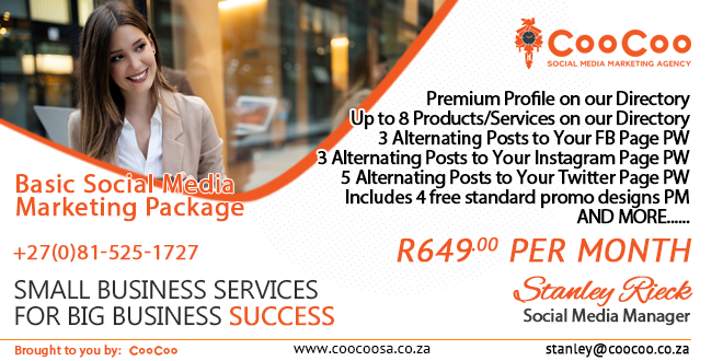 CooCooCoZa's tweet photo. 🕷🕸🕷🕸🕷Social Media Marketing Agency🚀. We manage business' Social Media Pages. Contact me:081-525-1727 or stanley@coocoo.co.za.
Facebook: https://t.co/bL9wnq8iud https://t.co/SSRI4nE6Bh  
#Marketing_Agency #SpydrSS #Marketing  #CooCoo #Social_Media_Marketing https://t.co/J26gfaeITl