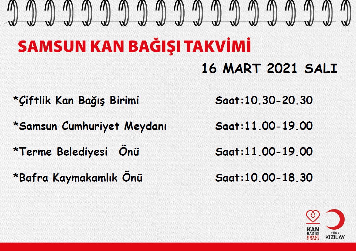 Amasya,Ordu, Samsun  illerinde ikamet eden bağışçılarımız aşağıdaki noktalarda  kanver.org/KanHizmetleri/…  randevu sisteminden  randevunuzu alarak siz de Kızılay’a düzenli kan bağışında bulunun, hayat kurtaran kan dostlarımızdan biri olun. #KanDostum