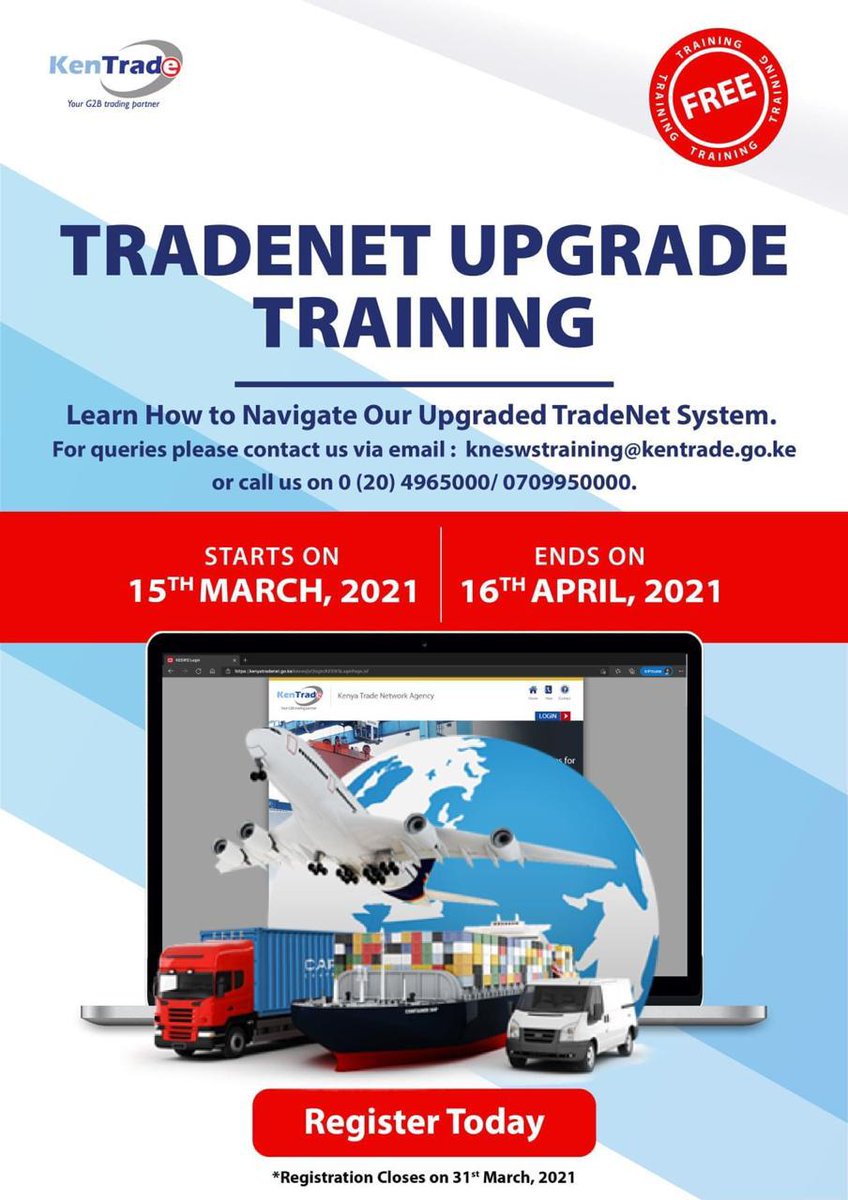 FEAFFA's tweet photo. TRAINING ALERT: To Importers/Exporters & Clearing Agents - Following the upgrade of the #TradeNetSystem You are invited for a virtual training from MARCH 15 to APRIL 16. For a limited time only.
This Training is #FREE.
Register via πhttps://t.co/X4zJGZln5y
@KenTrade_G2B https://t.co/sA2YNNorRg