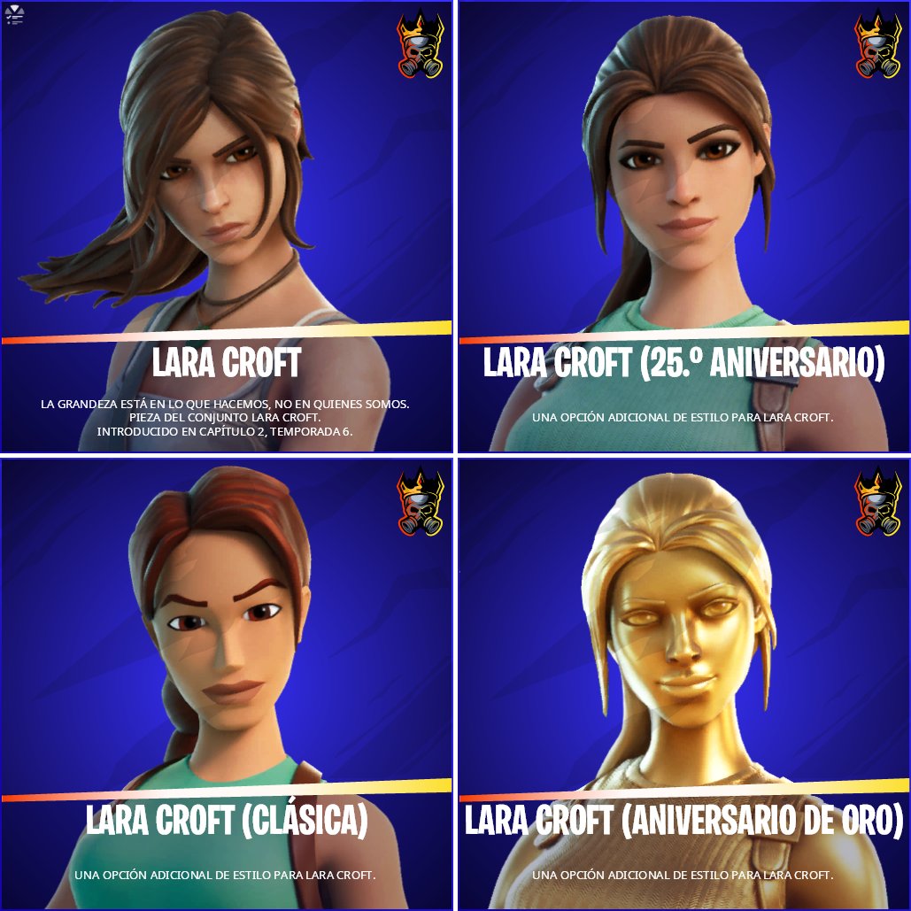 en_leaks's tweet photo. Aquí podemos observar todas las VARIANTES DE LARA CROFT #FortniteSeason6 #FortniteSeason6 #Fortniteleaks https://t.co/sf2VvyzEvQ