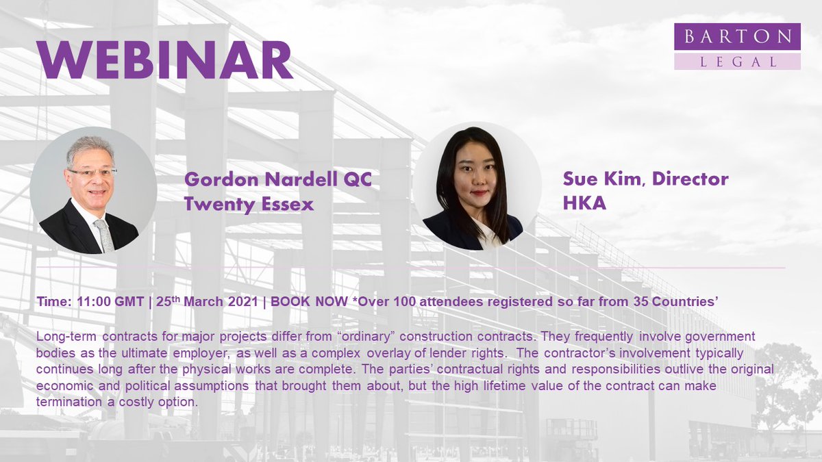 Bartonlegal's tweet photo. Our Next Webinar....Sign Up Now
With 2 exceptional speakers Gordon Nardell QC of @TwentyEssex  and Sue KIM of @HKAGlobal talking about 'The Long View....what parties to long-term project contracts need to know about disputes (and avoiding them) #BLwebinar

https://t.co/MyYliw6qlv https://t.co/si9stN5TWI