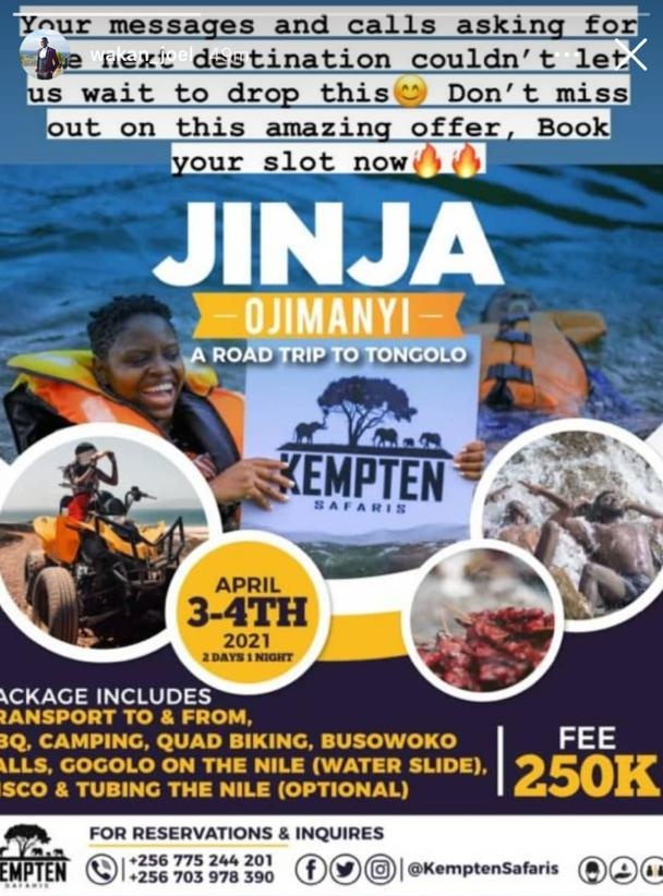 What if we told you ,you knew nothing about JINJA.

Worry not , we'll show this amazing city this Easter period with an amazing gateaway.

At 250K includes
•Accomodation (Tent +matress)
•Meals
•Transport to and from
•Quadbiking
•Water slide
•Camp fire and dance jam session