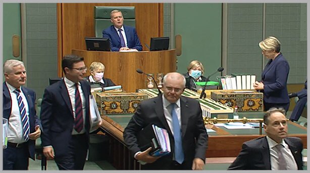 A photo can speak a thousand words. Here’s a few million:
One day after the #March4Justice &amp; seconds after he terminates debate we witness Morrison &amp; three other “Swinging Di_ks” walk from Parliament’s chamber as Tanya Plibersek (<a href="/tanya_plibersek/">Tanya Plibersek</a>) rises to speak.
❌ R-E-S-P-E-C-T
