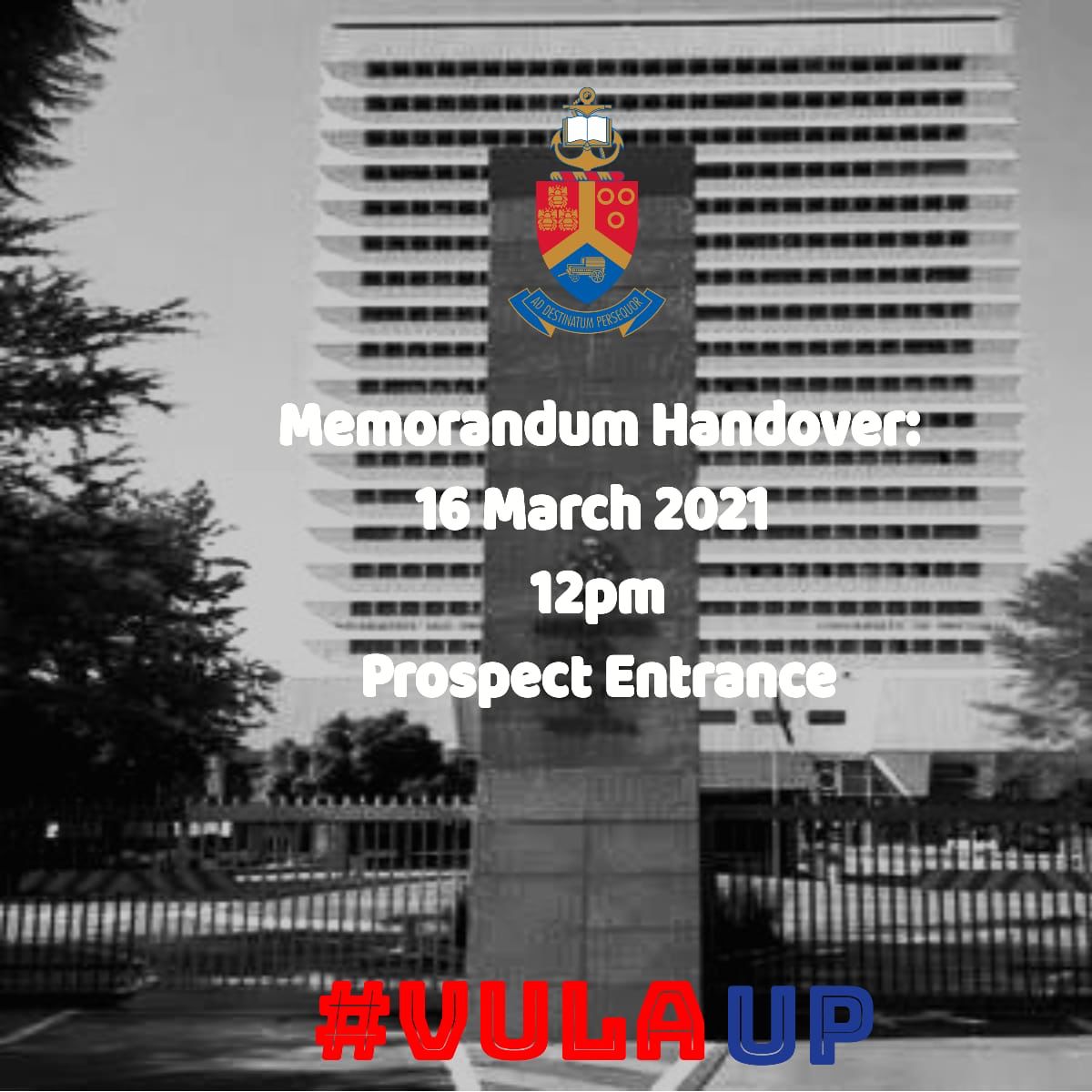 The University has committed to receiving our memorundum today.

12pm
Prospect Entrance

Lets all meet there✊🏿✊🏿

#VulaUP 
#NationalShutdown