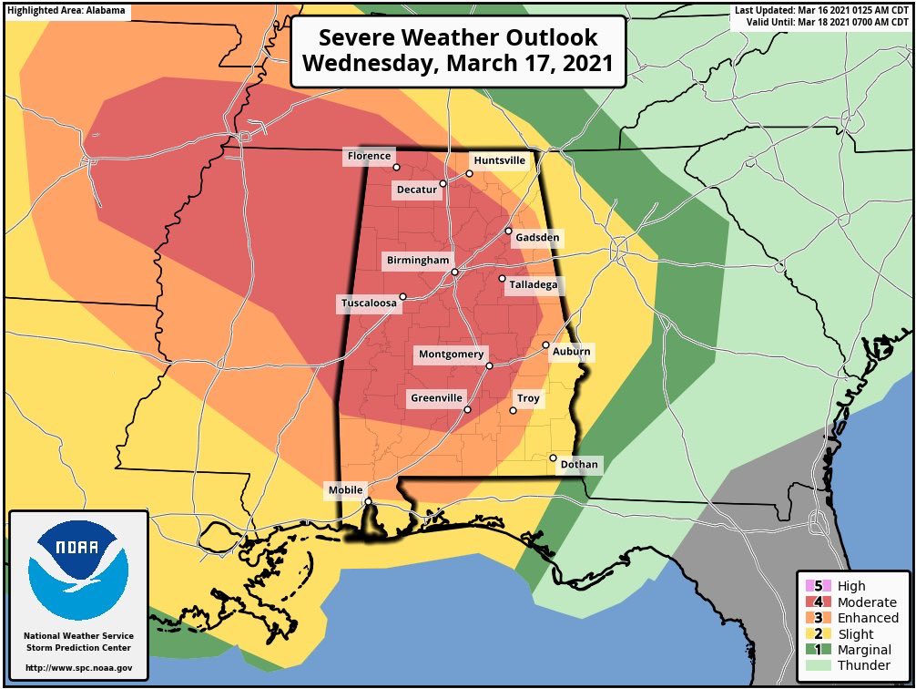 1043WZYP's tweet image. The Storm Prediction Center has upgraded most of our area to a moderate risk (level 4 out of 5) for severe weather on Wednesday.     Severe weather with significant tornadoes will be possible.      Please plan to be weather aware.