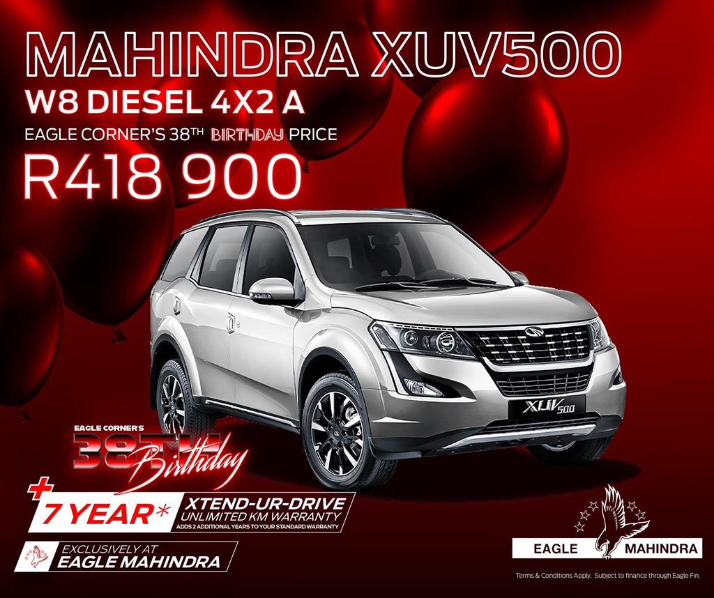 It's Eagle Corner's 38th Birthday!! A lot has changed, but one thing hasn’t – we still bring you the best deals, like this XUV500 W8 Diesel 4x2 Auto for just R418 900 per month now with a 5yr Xtend-Ur-Drive Unlimited Km Warranty* Visit eaglemahindra.co.za/mahindra-xuv50… #eaglecorner